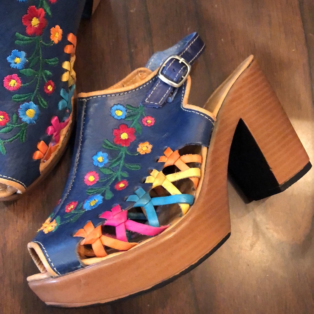 🇲🇽Milart Hurache handmade Mexican leather, embroidered, platform heeled sandal - Picture 2 of 11